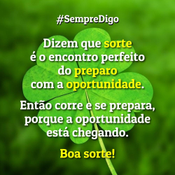 Dizem que sorte é o encontro perfeito do preparo com a oportunidade. Então corre e se prepara, porque a oportunidade está chegando. Boa sorte!
