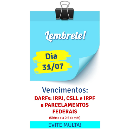 Vencimentos de HOJE: IRPJ, CSLL, IRPF, IOF e PARCELAMENTOS FEDERAIS